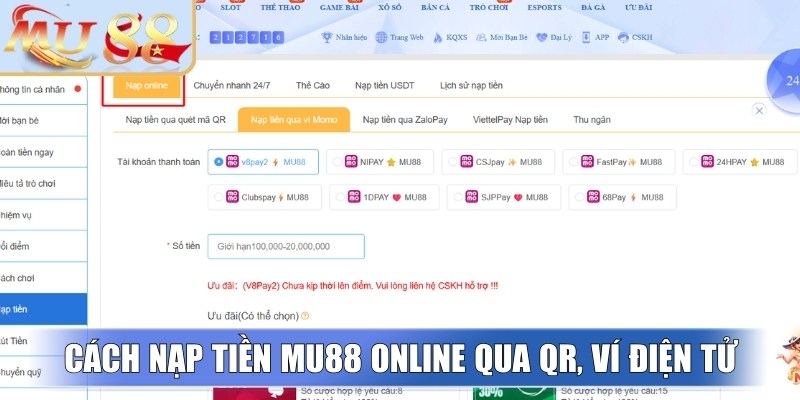 Cách nạp tiền MU88 online qua QR, ví điện tử