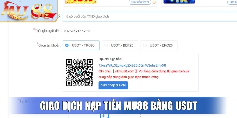 Giao dịch nạp tiền MU88 bằng USDT